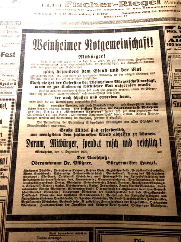 Kriegsfolgen_2 Zeitungsanzeige: Weinheimer Notgemeinschaft
