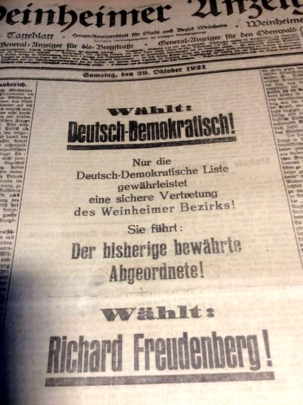Zeitungsausschnitt mit Wahlwerbung, 1921.