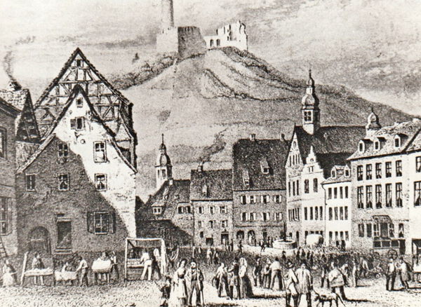 Gewerbeverein_1 Der Weinheimer Marktplatz um 1850 (historische Zeichnung).