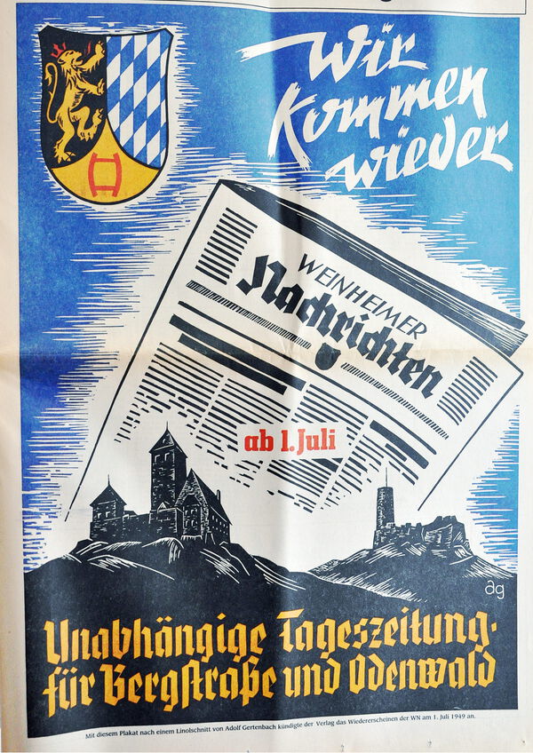 Plakat zum Wiedererscheinen der Weinheimer Nachrichten