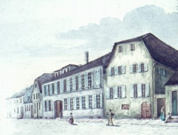 Bendersches_Institut_1 Die Häusser der heutigen Fußgängerzone im Bild von 1867.
