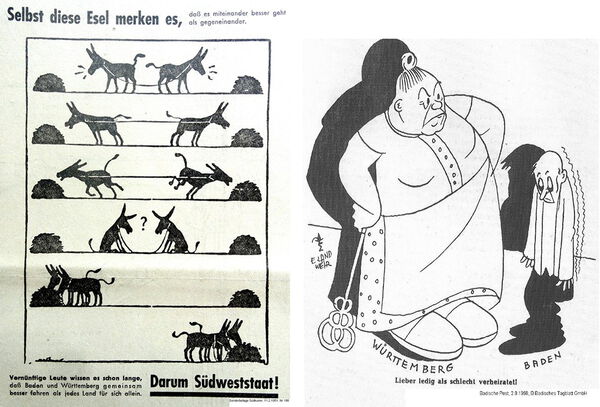 Rückenwind aus Weinheim für den Südweststaat, Der Wettstreit der Karikaturisten und Texter um das bessere Argument Zwei Karikaturen zum Thema „Bildung des Südweststaats”
