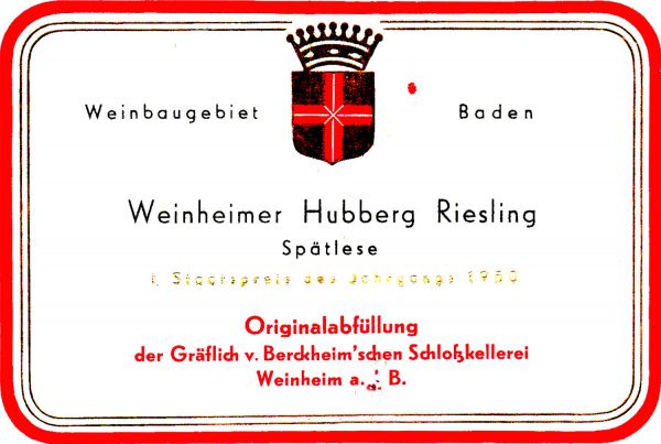 Etikett: 1. Staatspreis 1958 für eine Riesling-Spätlese vom Hubberg.
