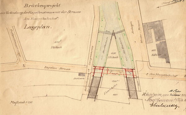 Plan für eine neue Brücke über die beiden Weschnitzarme. Plan für eine neue Brücke über die beiden Weschnitzarme.