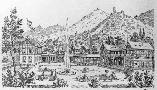 Druck aus den 1880-er Jahren: mit Stahlbad, Kurhaus, Wandelhalle und Restauration.