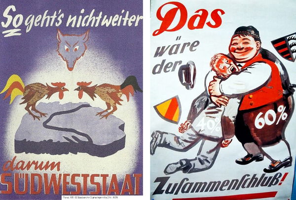 Rückenwind aus Weinheim für den Südweststaat, Der Wettstreit der Karikaturisten und Texter um das bessere Argument Zwei Karikaturen zum Thema Bildung g eines Südweststaats